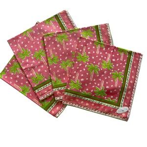 Pomegranate Inc. Block Print Cotton Napkin Pink Green Palm Trees Preppy Set Of 4